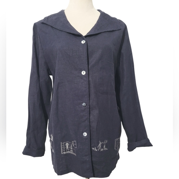 NEW Coldwater Creek Linen Button Front Garden Embroidered Top Tunic Size Medium - Picture 2 of 13